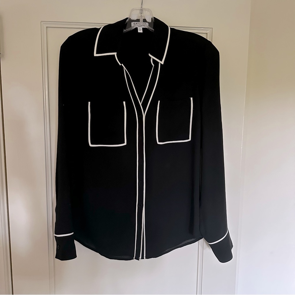 Express Portofino Button-Down Shirt Black with White Piping - Small